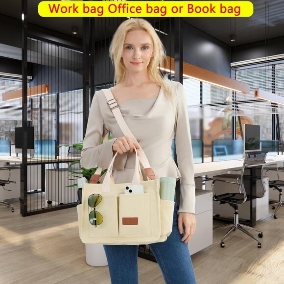 Women's Upgrade Beige Imported Canvas Laptop Crossbody Work Large Tote Handbags - Picture 6 of 7